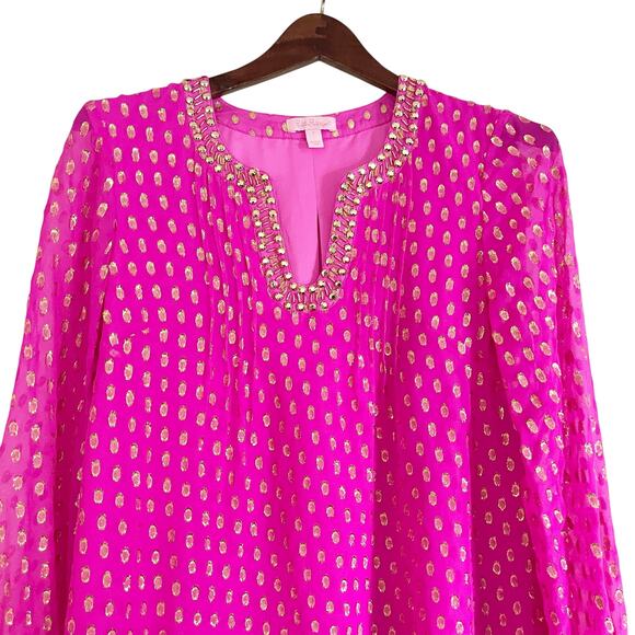 LILLY PULITZER Colby Silk Long Sleeve Tunic Dress Pink Gold 2 - Picture 4 of 10